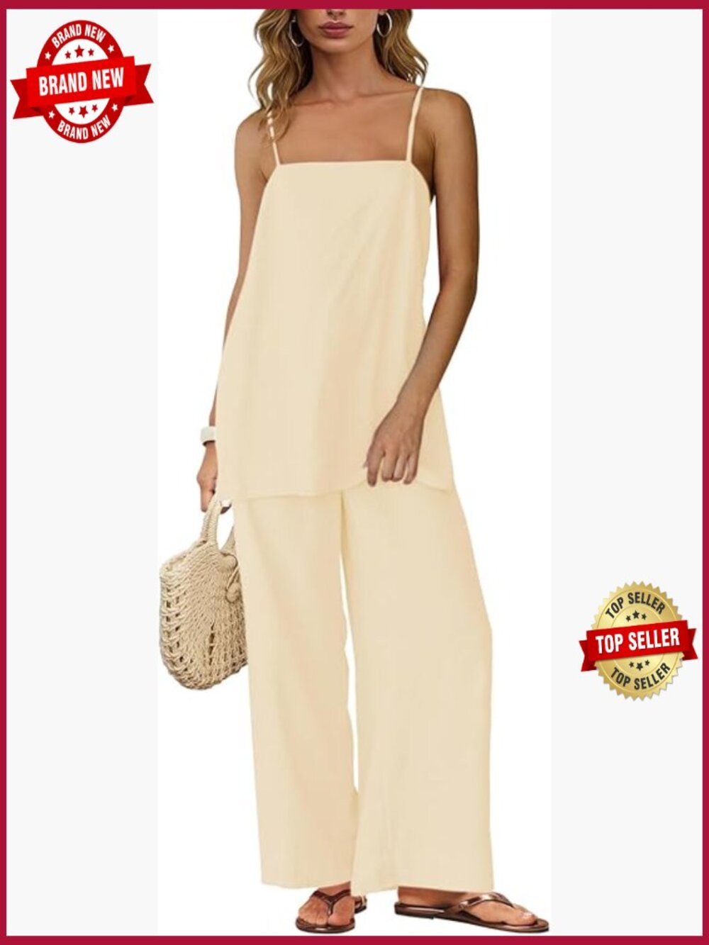 Women's 2 Piece Linen Set Spaghetti Strap Top Wide Leg Pants Summer Travel
